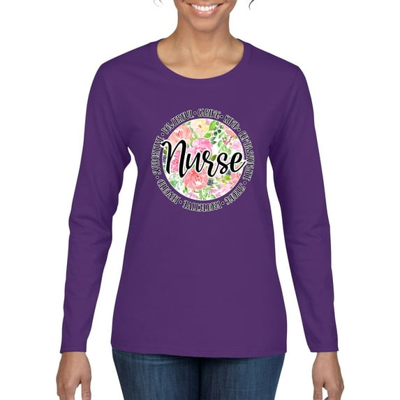 Floral Nurse Appreciation Pop Culture Womens Graphic Long Sleeve T-Shirt, Purple, XX-Large