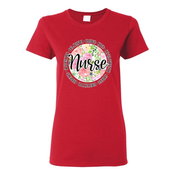 Floral Nurse Appreciation Pop Culture Womens Graphic T-Shirt, Red, X-Large