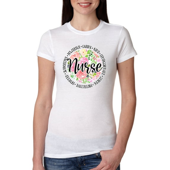 Floral Nurse Appreciation Pop Culture Womens Slim Fit Junior Tee, White, Medium