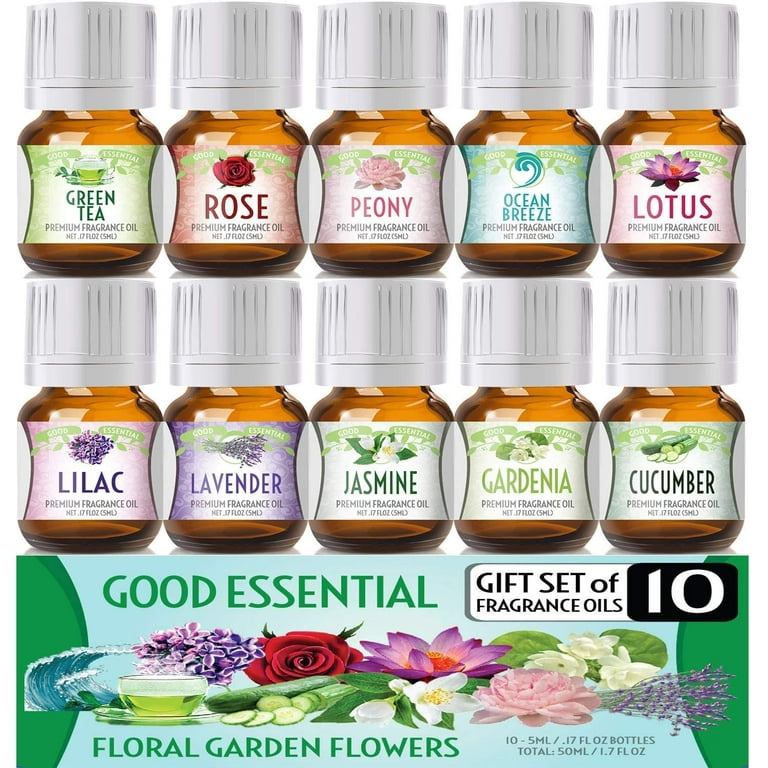 Floral Ocean Gardens Good Essential Fragrance Oil Set (PACK OF 10) 5ml Set  Includes Lavender, Rose, Jasmine, Lilac, Lotus, Peony, Gardenia, Green Tea