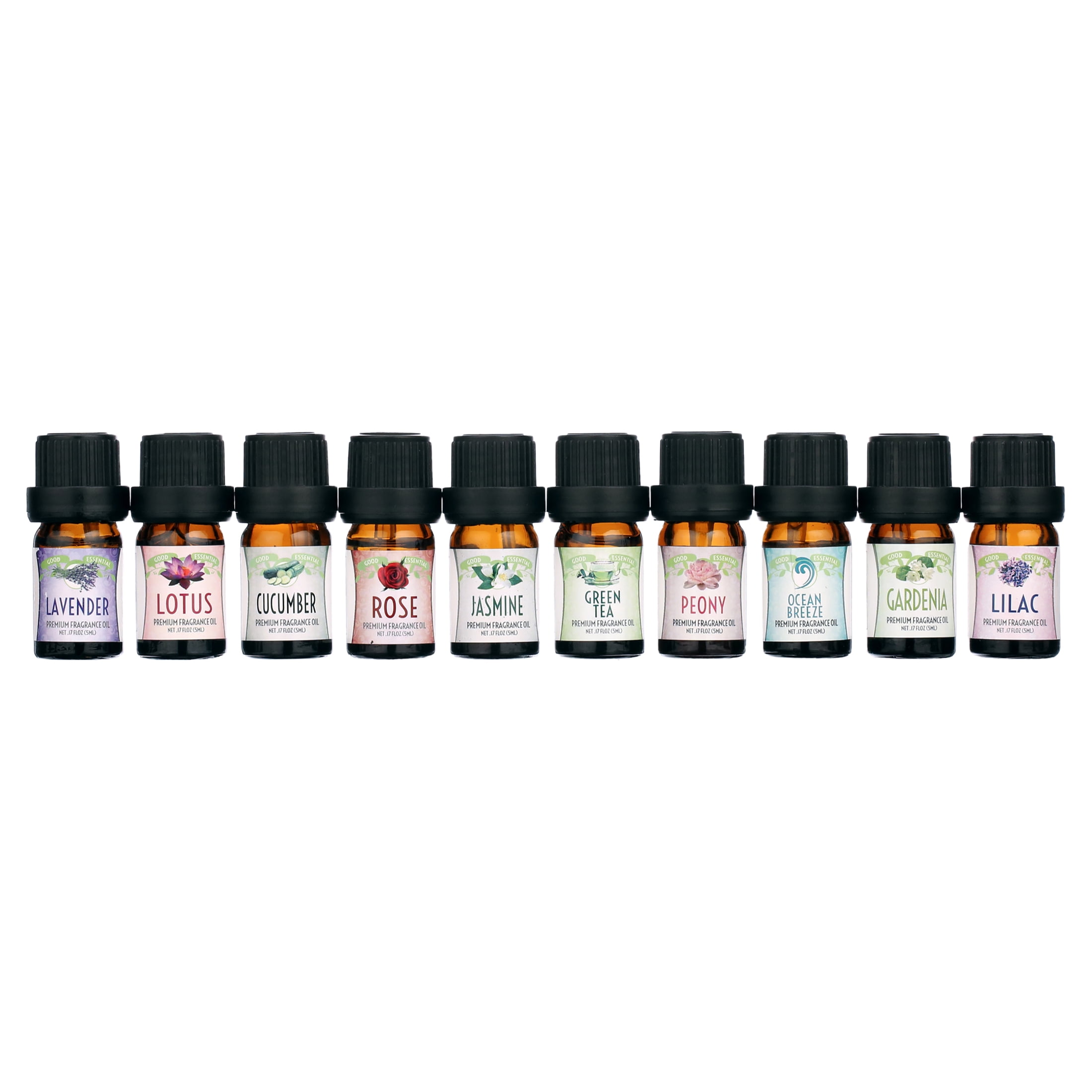 Floral Ocean Gardens Good Essential Fragrance Oil Set (PACK OF 10) 5ml Set Includes Lavender, Rose, Jasmine, Lilac, Lotus, Peony, Gardenia, Green Tea, Cucumber, and Ocean Breeze Scented Oils