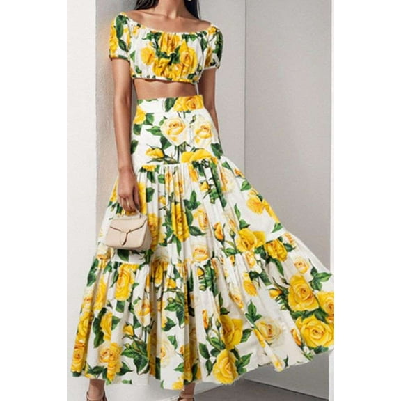 Floral Off-Shoulder Crop Top & Maxi Skirt Set (S, Yellow)