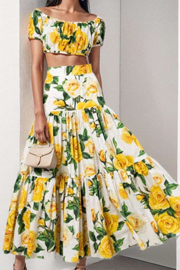 Floral Off-Shoulder Crop Top & Maxi Skirt Set (S, Yellow)