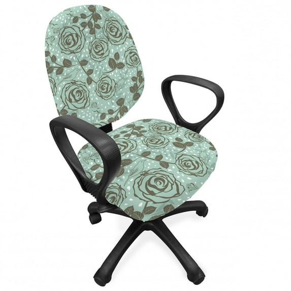 Floral Office Chair Slipcover, Romantic Season Inspirations with Roses Birds on Tree Branches Summer Design, Stretch Decorative Fabric Cover, Standard Size, Seafoam Sage Green, by Ambesonne
