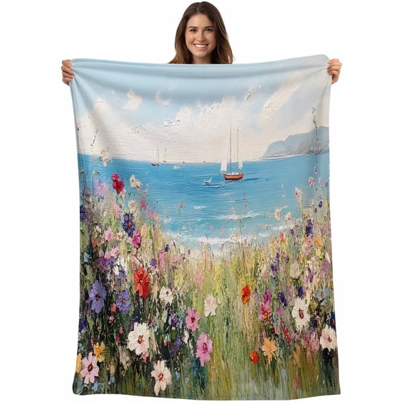 Floral Oil Painting Blanket Soft Cozy Warm Twin Blanket for Bed, Plush Fuzzy Flannel Fleece Blankets for Sofa, Coastal Beach Spring Floral Throw Blankets for Couch, Gifts for Men, 60"x80"