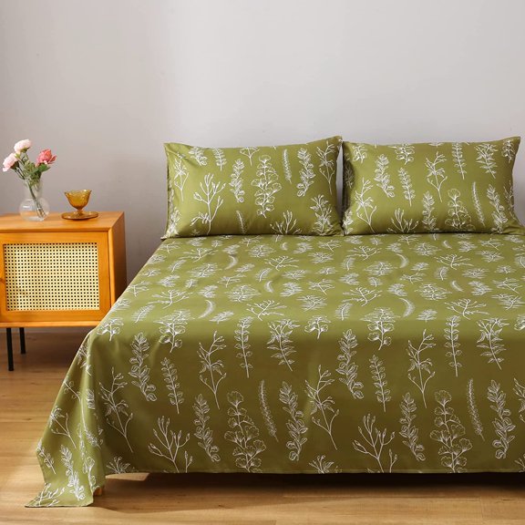 Floral Olive Green Sheets Set Queen Size Premium 100% Microfiber Flowery Beding Set Elegant Gingko Leaf Printed Farmhouse Bedding White Plants Deep Pocket Fitted Bed Sheets 4-Pieces