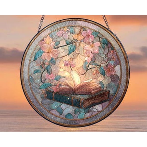 Floral Open Book Glass Suncatcher Round Window Hanging, 6.3 in
