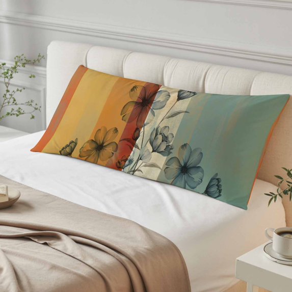 Floral Orange Body Pillow Cover, Pillowcase Protectors with Zipper, Breathable Decorative Throw Pillow Case Cover, Multicolor Striped Decadent Botanical Flower Pillow Shams for Couch Sofa 20x60Inch