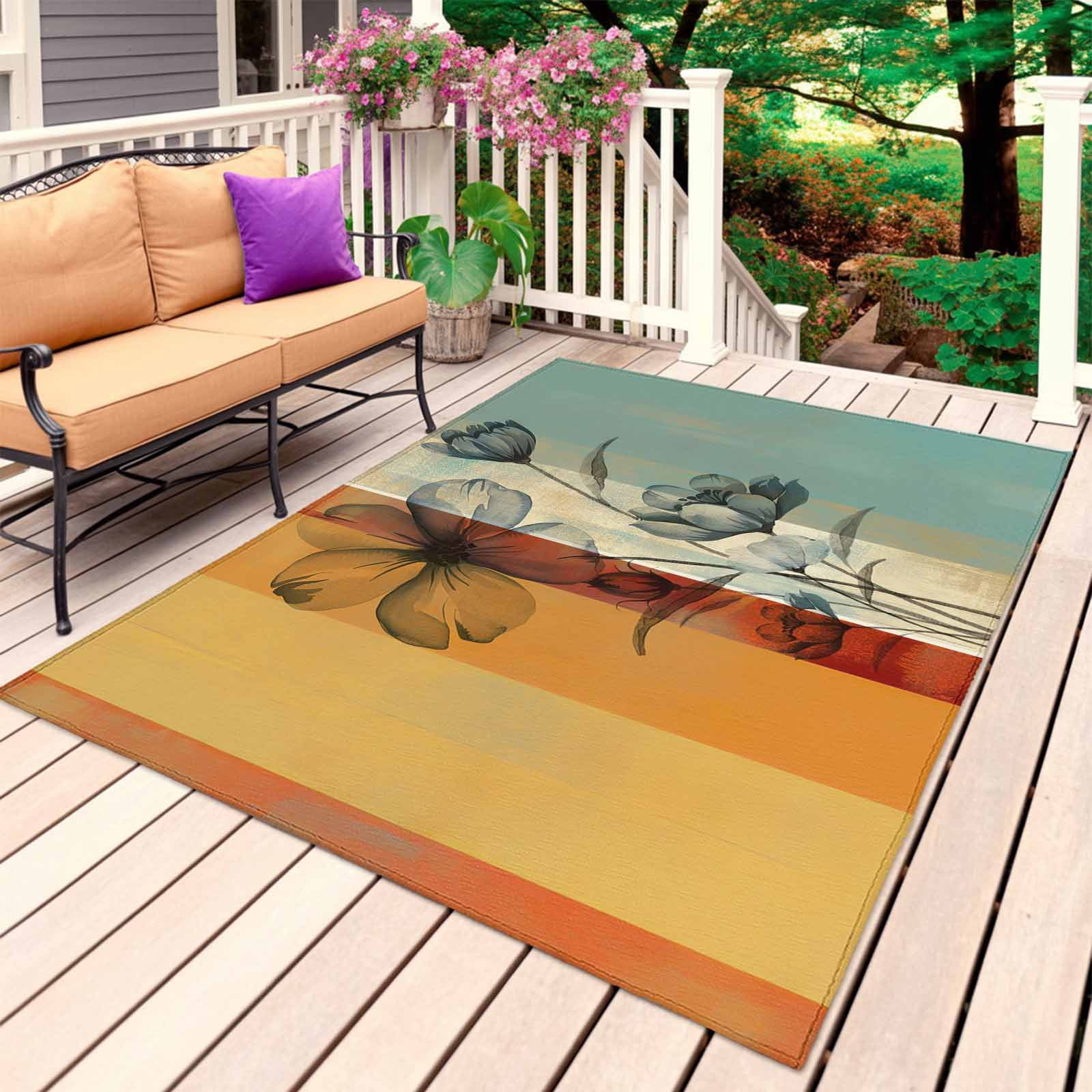 Floral Orange Outdoor Rug for Patio/Deck/Porch, Non-Slip Large Area Rug 3 x 5 Ft, Multicolor Striped Decadent Botanical Flower Indoor Outdoor Rugs Washable Area Rugs, Camping Rug Carpet Runner