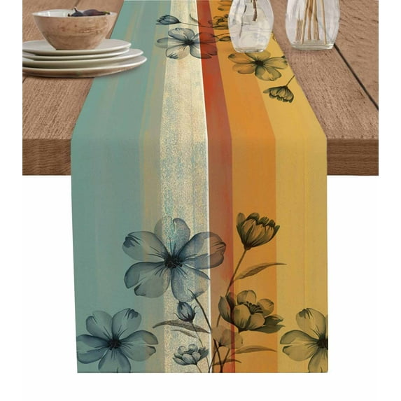 Floral Orange Table Runner Multicolor Striped Decadent Botanical Flower Tablerunners 16 x 72 Inch, Table Decorations Tabletop Scarf for Summer Gathering Holiday Farmhouse Kitchen Dining Decor