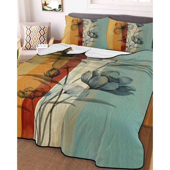 Floral Orange Twin Size Down Alternative Comforter,Lightweight Comforter Quilt Bedding Set with Pillow Shams Multicolor Striped Decadent Botanical Flower Bed Comforter Duvet Insert 68"x86"