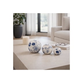 Floral Orbs for Home Decor - Decorative Ceramic Stoneware for Bathroom, Office, Living Room and Shelf Display - Boho Flower Design for Coffee Table Styling - Set of 3, 6", 5", 4", Blue & Ivory