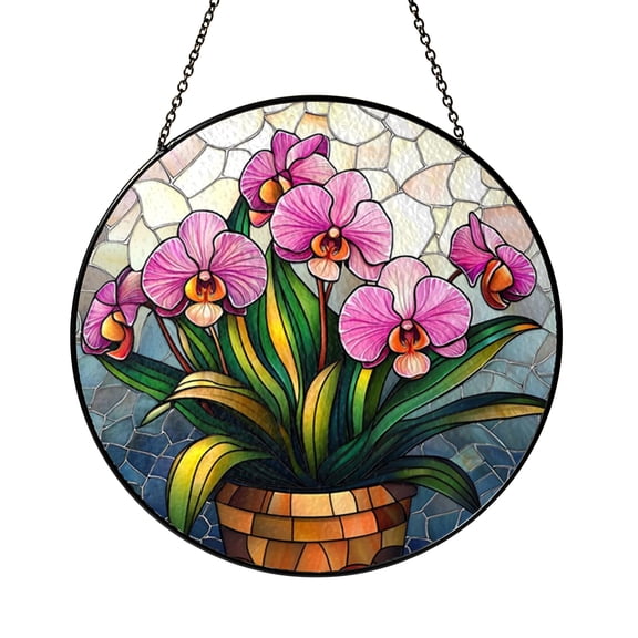 Floral Orchid Faux Stained Glass Round Window Decor2001