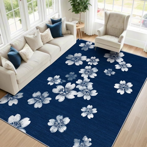 Floral Oriental Area Rugs, Indigo Cherry Blossom Carpet, Washable Non Slip Low Pile Soft Rug for Living Room Bedroom Decor Mat 2x3ft