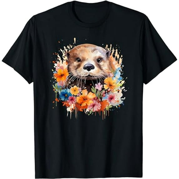 Floral Otter Face Watercolor Painting Sea Otter Portrait T-Shirt