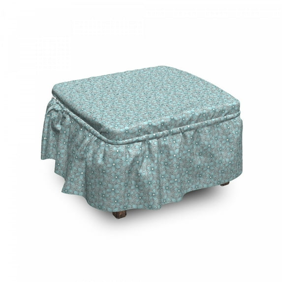 Floral Ottoman Cover, Blossoming Design Botanical, 2 Piece Slipcover Set with Ruffle Skirt for Square Round Cube Footstool Decorative Home Accent, Standard Size, Aqua White Dark Grey, by Ambesonne