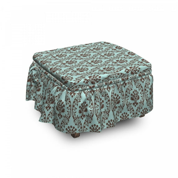 Floral Ottoman Cover, Damask Inspired Oriental Art, 2 Piece Slipcover Set with Ruffle Skirt for Square Round Cube Footstool Decorative Home Accent, Standard Size, Dark Rosewood Pale Teal, by Ambesonne