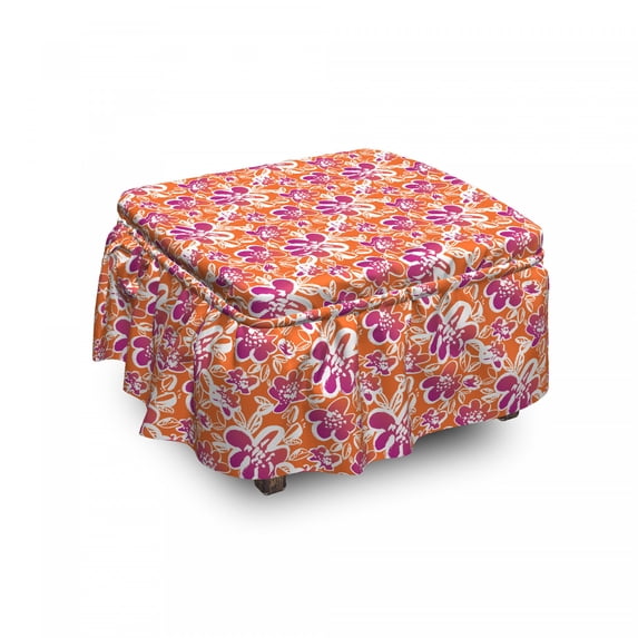 Floral Ottoman Cover, Hand Drawn Flowers, 2 Piece Slipcover Set with Ruffle Skirt for Square Round Cube Footstool Decorative Home Accent, Standard Size, Burnt Sienna Magenta, by Ambesonne
