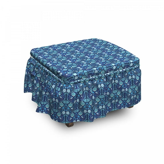 Floral Ottoman Cover, Pumpkin and Bindweed Pattern, 2 Piece Slipcover Set with Ruffle Skirt for Square Round Cube Footstool Decorative Home Accent, Standard Size, Multicolor, by Ambesonne