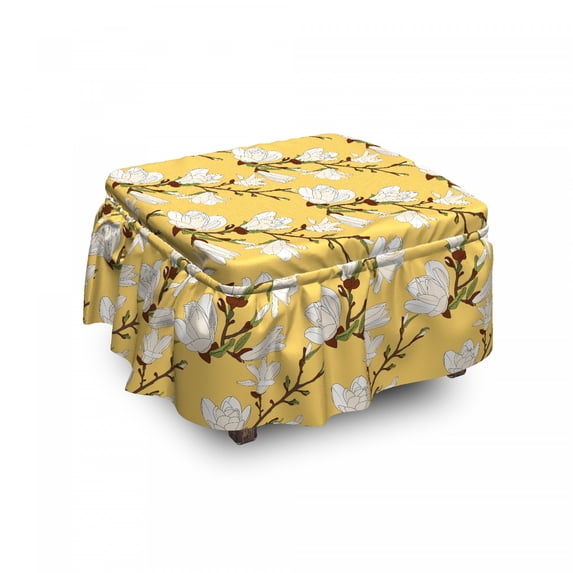 Floral Ottoman Cover, Retro Magnolia Branch Art, 2 Piece Slipcover Set with Ruffle Skirt for Square Round Cube Footstool Decorative Home Accent, Standard Size, Mustard Brown and Green, by Ambesonne