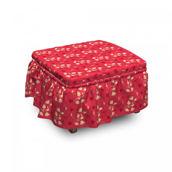Floral Ottoman Cover, Spring Essential Wild Flora, 2 Piece Slipcover Set with Ruffle Skirt for Square Round Cube Footstool Decorative Home Accent, Standard Size, Dark Coral Vermilion, by Ambesonne