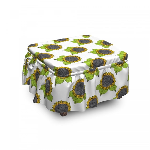 Floral Ottoman Cover, Spring Sunflower Sketch, 2 Piece Slipcover Set with Ruffle Skirt for Square Round Cube Footstool Decorative Home Accent, Standard Size, Apple Green Dark Taupe, by Ambesonne