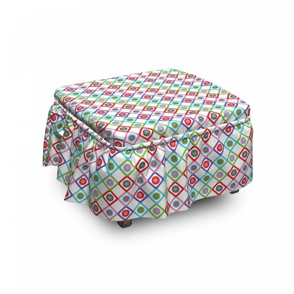 Floral Ottoman Cover, Squares with Flowers, 2 Piece Slipcover Set with Ruffle Skirt for Square Round Cube Footstool Decorative Home Accent, Standard Size, Multicolor, by Ambesonne