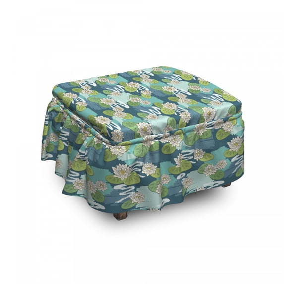 Floral Ottoman Cover, Water Lilies on Wetlands, 2 Piece Slipcover Set with Ruffle Skirt for Square Round Cube Footstool Decorative Home Accent, Standard Size, Multicolor, by Ambesonne