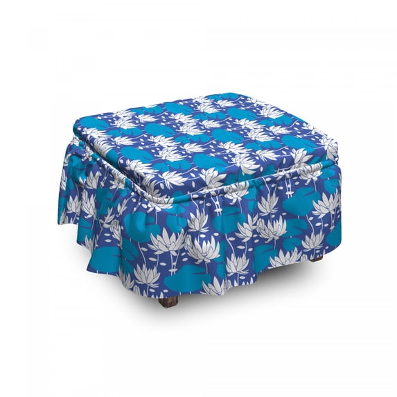 Floral Ottoman Cover, Water Lily Flowers, 2 Piece Slipcover Set with Ruffle Skirt for Square Round Cube Footstool Decorative Home Accent, Standard Size, Violet Blue Sea Blue, by Ambesonne