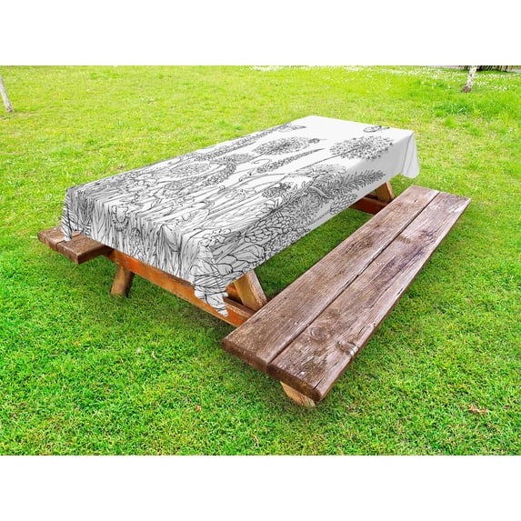 Floral Outdoor Tablecloth, Sketchy Hand Drawn Style Garden with Various Flowers Leaves and Grass Image, Decorative Washable Fabric Picnic Table Cloth, 58 X 84 Inches,Grey and White, by Ambesonne