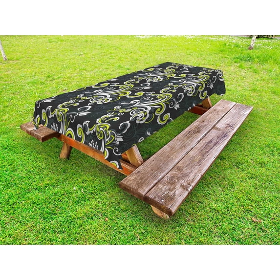 Floral Outdoor Tablecloth, Vintage Foliage Ornate Motif with Swirling Leaves Doodle Style, Decorative Washable Fabric Picnic Table Cloth, 58 X 84 Inches,Charcoal Grey Yellow Green White, by Ambesonne