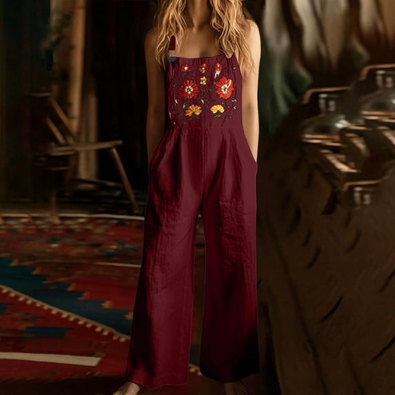 Floral Overalls for Women Boho Embroidered Wide Leg Cotton Linen Jumpsuits Loose Lightweight Adjustable Strap Cute Overalls, 3XL