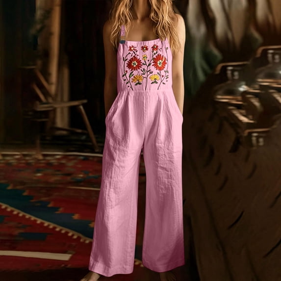 Floral Overalls for Women Boho Embroidered Wide Leg Cotton Linen Jumpsuits Loose Lightweight Adjustable Strap Cute Overalls, 3XL