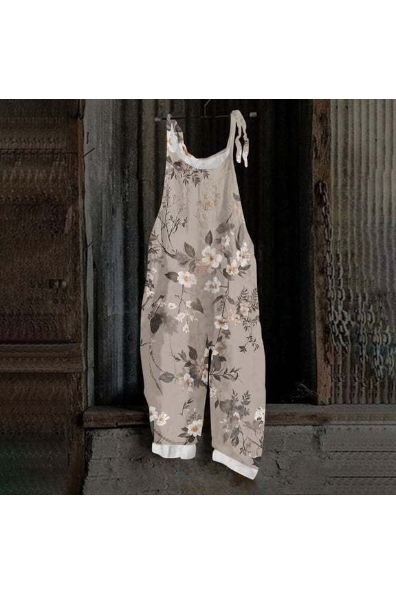 Floral Overalls for Women Boho Halter Rolled Capri Jumpsuits Summer Causal Loose Rompers, M