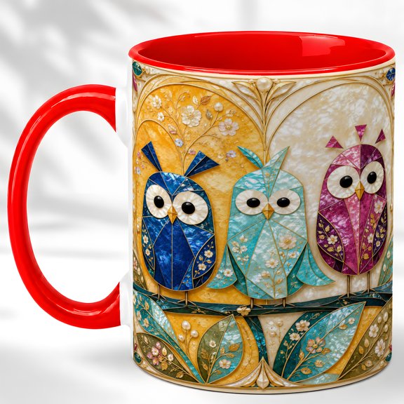 Floral Owl Trio Coffee Mug, Ornate Bird Mug, Ceramic 11 oz