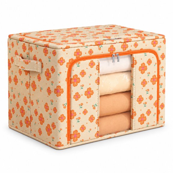 Floral Oxford Fabric Storage Box with Clear Window, Steel Frame, 19.69 x 15.75 x 15.75 in