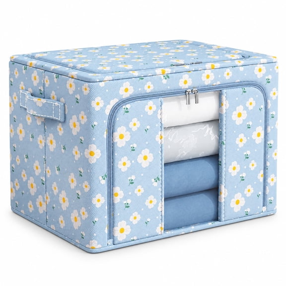 Floral Oxford Fabric Storage Box with Clear Window, Steel Frame, 19.69 x 15.75 x 15.75 in
