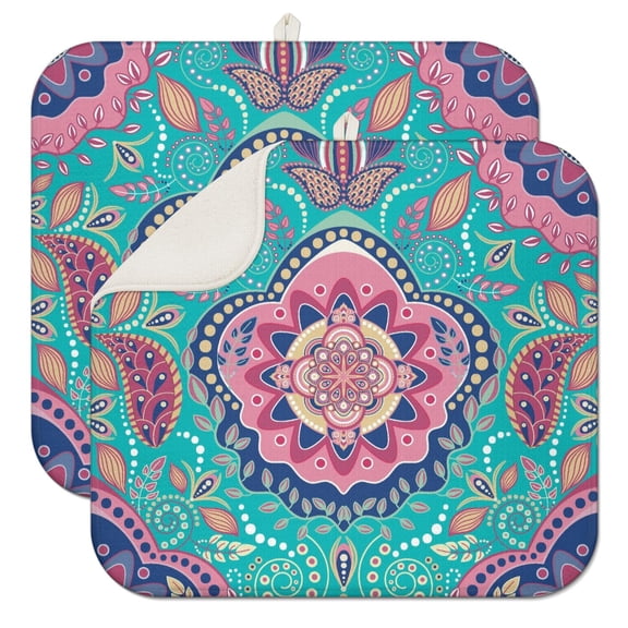 Floral Paisley Coffee Mat with Chic and Vibrant Mandala Inspired Design – Reversible Microfiber Spill Mat for Kitchen Countertops, Lightweight Dish Drying Pad for Home and Cafe