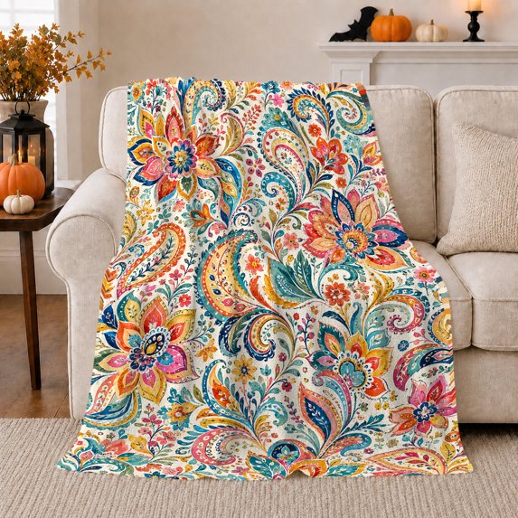 Floral Paisley Drape Over Beige Chair Pumpkins Bat, Festive Halloween Scene, Warm Flannel Blanket for Sunroom and Reading Nook, Art Lovers Halloween Gift, Festive Home Decor
