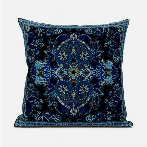 Floral Paisley Indoor/Outdoor Pillow with Removable Cover in Blue Yellow18x18
