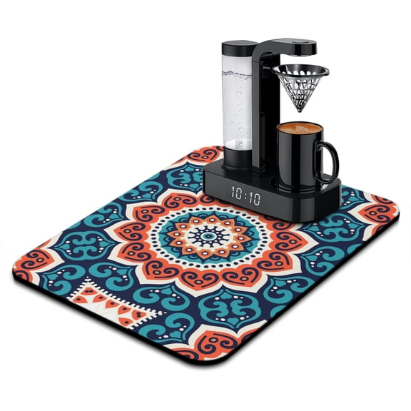 Floral Paisley Mandala Dish Drying Mat, Artistic Spiritual Mandala Absorbent Coffee Bar Mat, Ethnic Inspired Symmetrical Kitchen Counter Protector