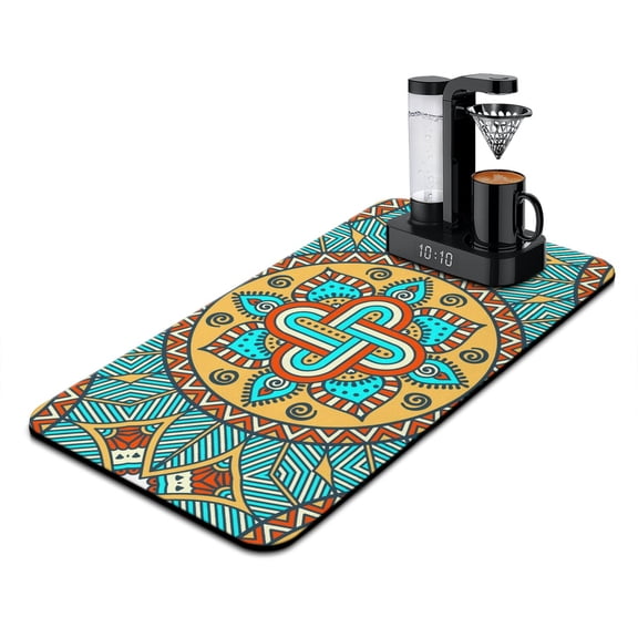 Floral Paisley Mandala Dish Drying Mat, Artistic Spiritual Mandala Absorbent Coffee Bar Mat, Ethnic Inspired Symmetrical Kitchen Counter Protector
