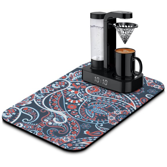 Floral Paisley Pattern Dish Drying Mat, Ethnic Bohemian Absorbent Coffee Bar Mat, Vibrant Retro Kitchen Counter Protector