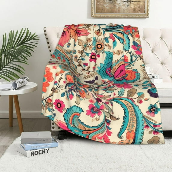 Floral Paisley Pattern Throw Blanket, Beige and Turquoise Watercolor Flowers and Leaves Boho Throw Blanket, Flannel, Hand/Machine Wash, Single Sided Printed, 60"x80"