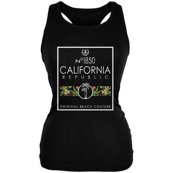 Floral Palm Tree Beach Couture California Republic Juniors Soft Tank Top Black 2XL