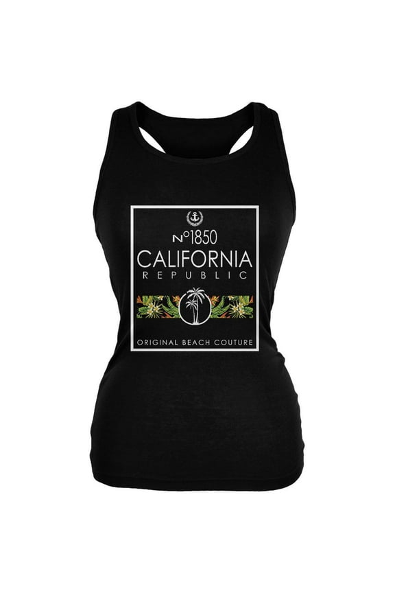 Floral Palm Tree Beach Couture California Republic Juniors Soft Tank Top Black SM