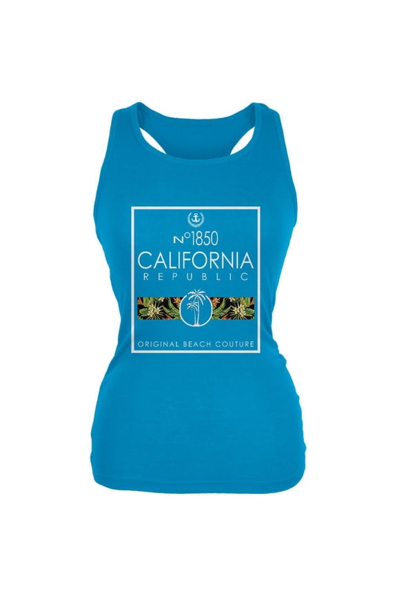 Floral Palm Tree Beach Couture California Republic Juniors Soft Tank Top Turquoise SM