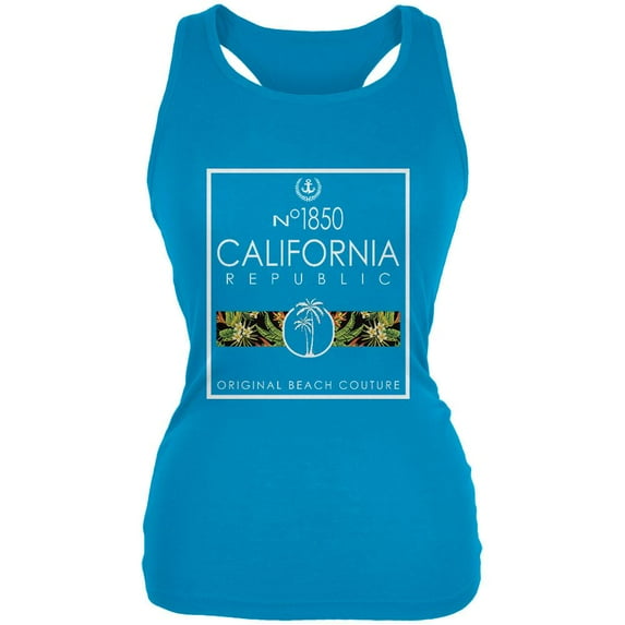 Floral Palm Tree Beach Couture California Republic Juniors Soft Tank Top Turquoise SM