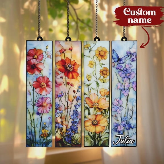 Floral Panels Acrylic Suncatcher, Faux Stained Glass Window Hanging, Spring Window Art size 6in