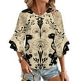 thumbnail image 1 of Floral Panthers Elegant Cream Women's V-Neck Blouse With 3/4 Ruffled Bell Sleeves Casual Top Ladies Blouses, 1 of 7